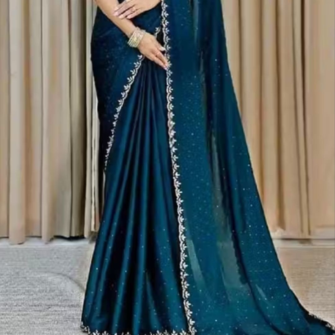 Trending Satin Silk Saree with Beads, Stones & Fancy Blouse