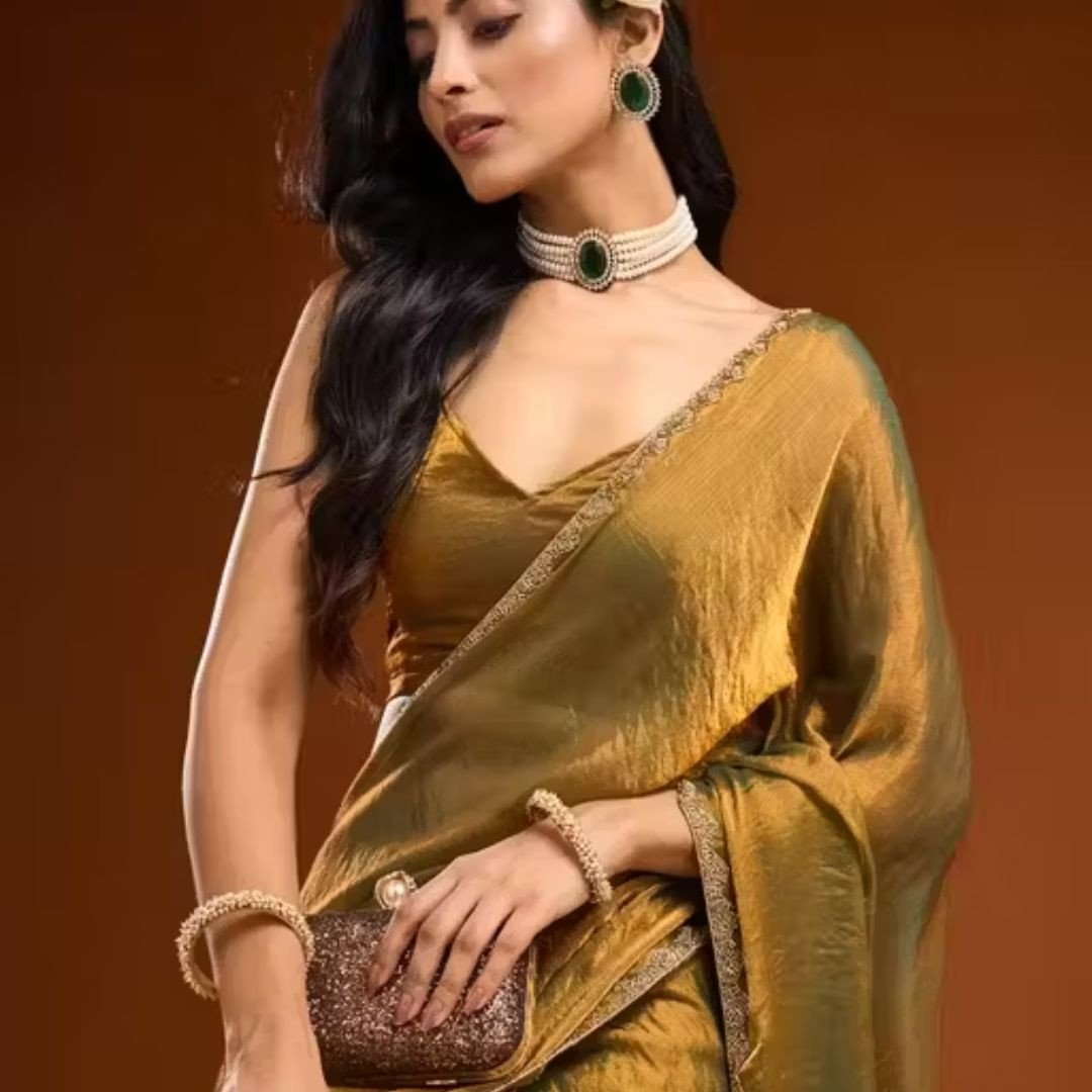 Gold Rama Green Chiffon Silk Designer Saree for Wedding