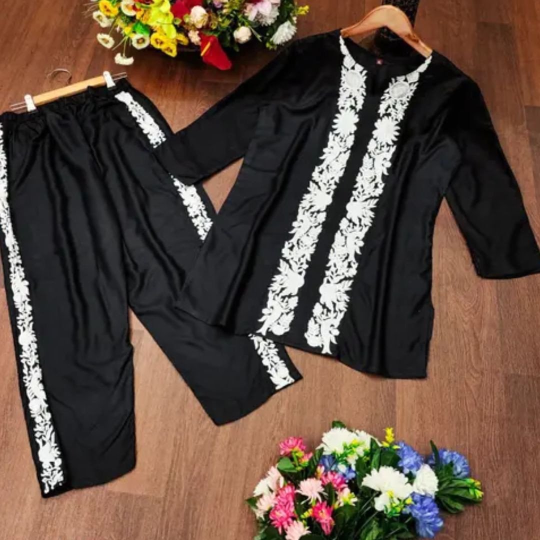 Rayon Embroidered Co-ord Set Women & Girls Top Bottom