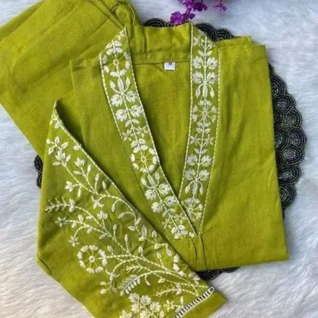 Kurti Pent with V Neck Embroidery – Stylish Set for Women