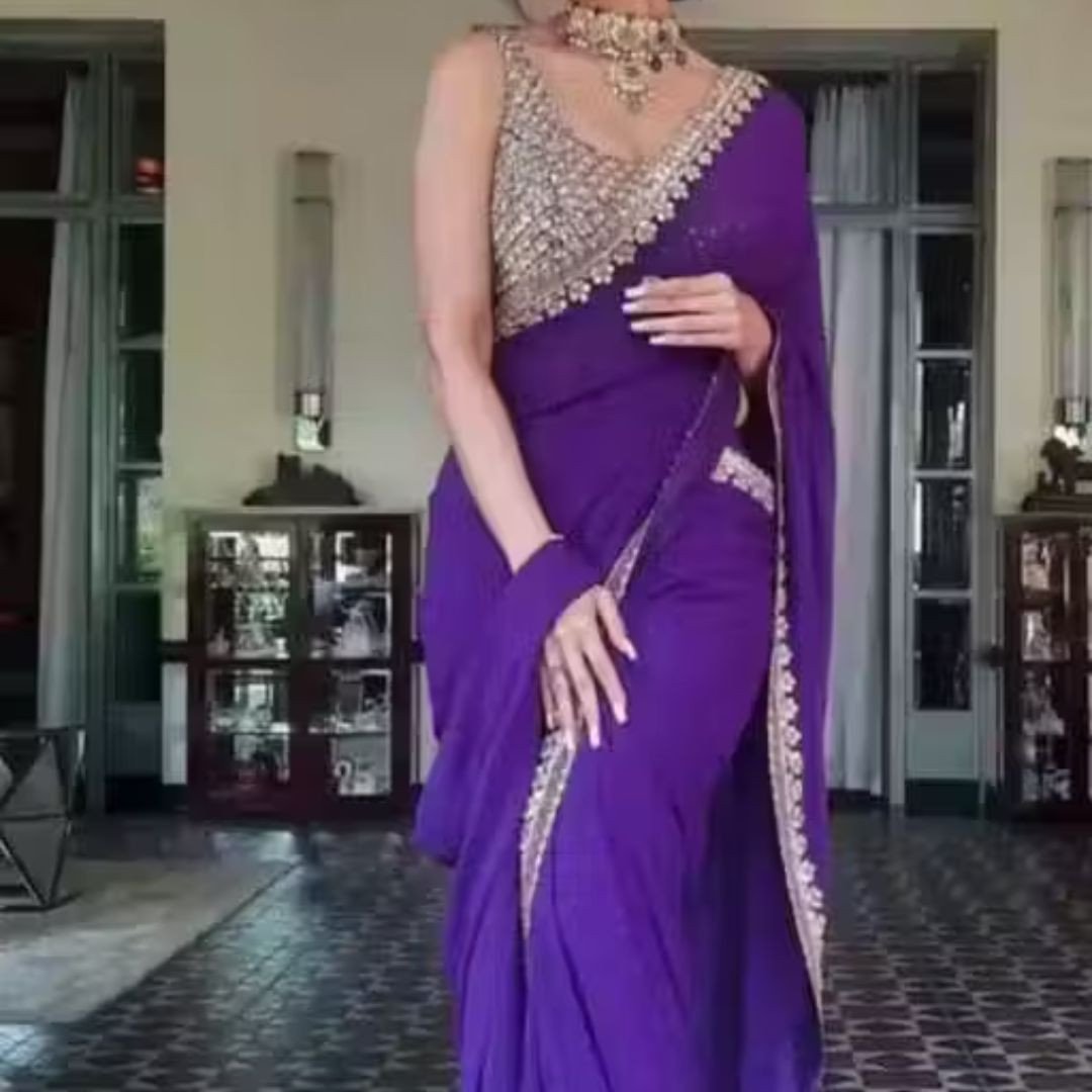 Womens Heavy Georgette Saree with Embroidered Blouse Set
