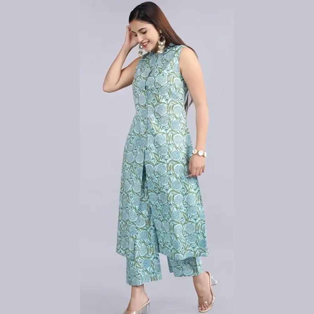 Stylish Rayon Printed Sleeveless Kurta & Palazzo Set