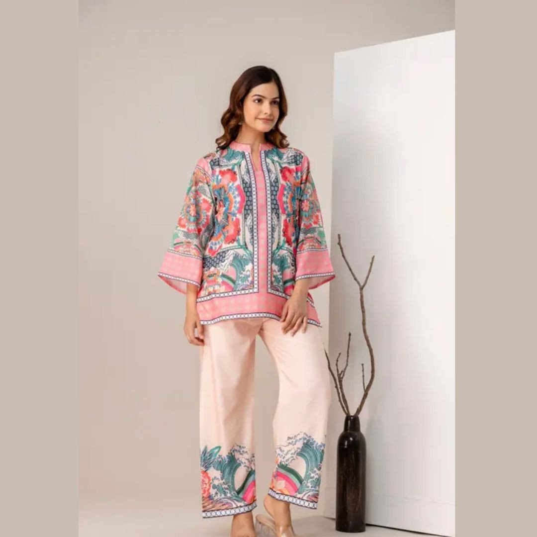Elegant Floral Printed Cotton Co-Ord Set in Soft Pink & Green