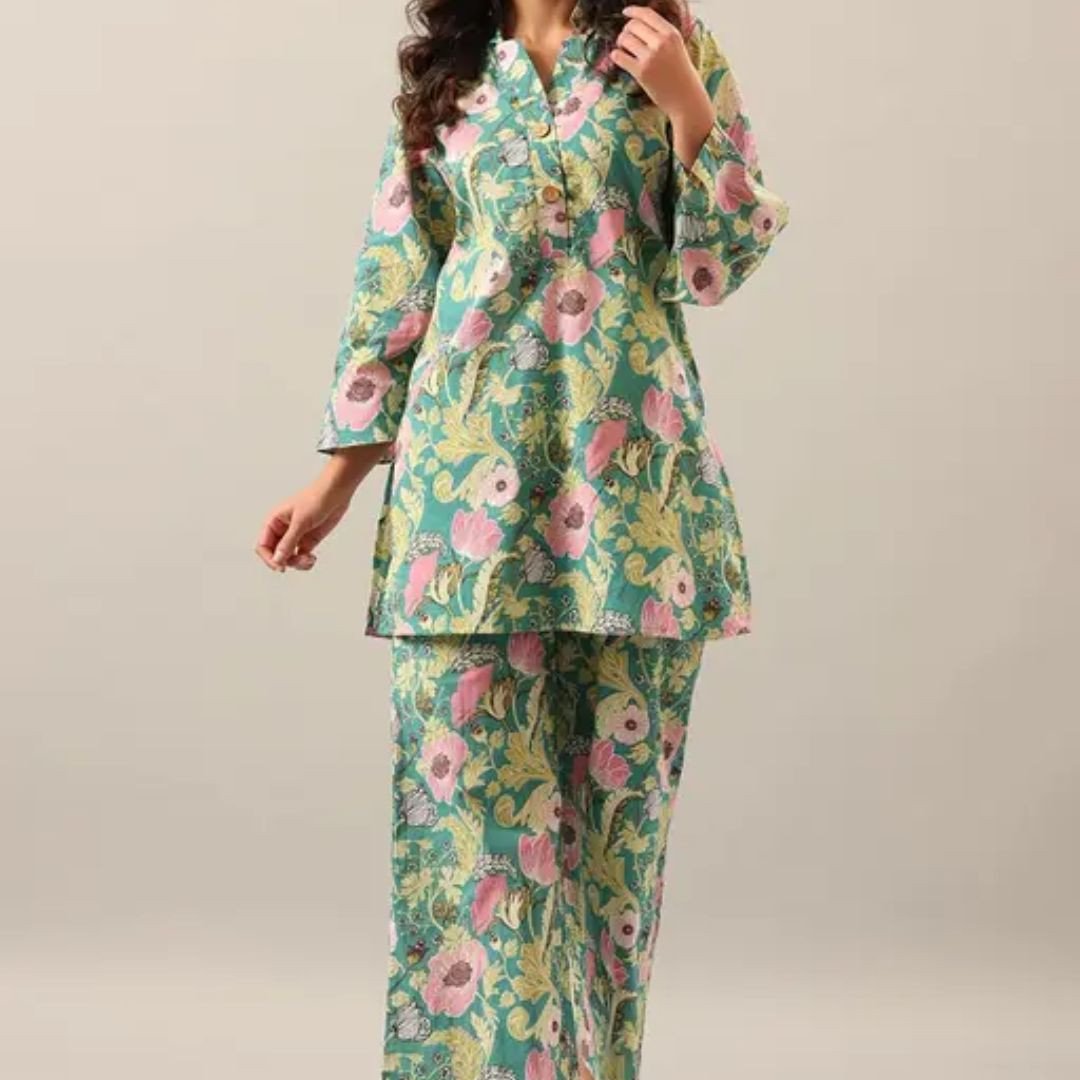 Trendy Pista Green Printed Cotton Blend Co-Ord Set for Women